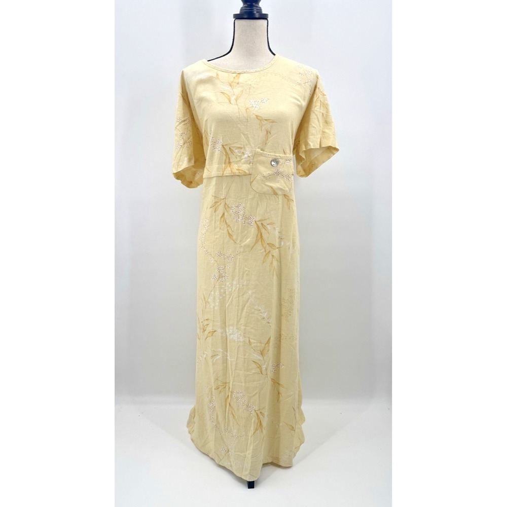 VTG 90s Real Cottagecore Yellow Floral Linen Maxi Dress 16 W Country Lagenlook